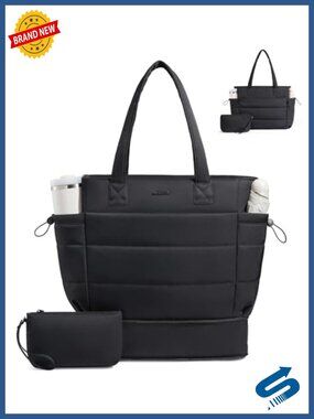 Puffer Tote Bag for Women with Tumbler Holder, Laptop Work Travel Handbag,
